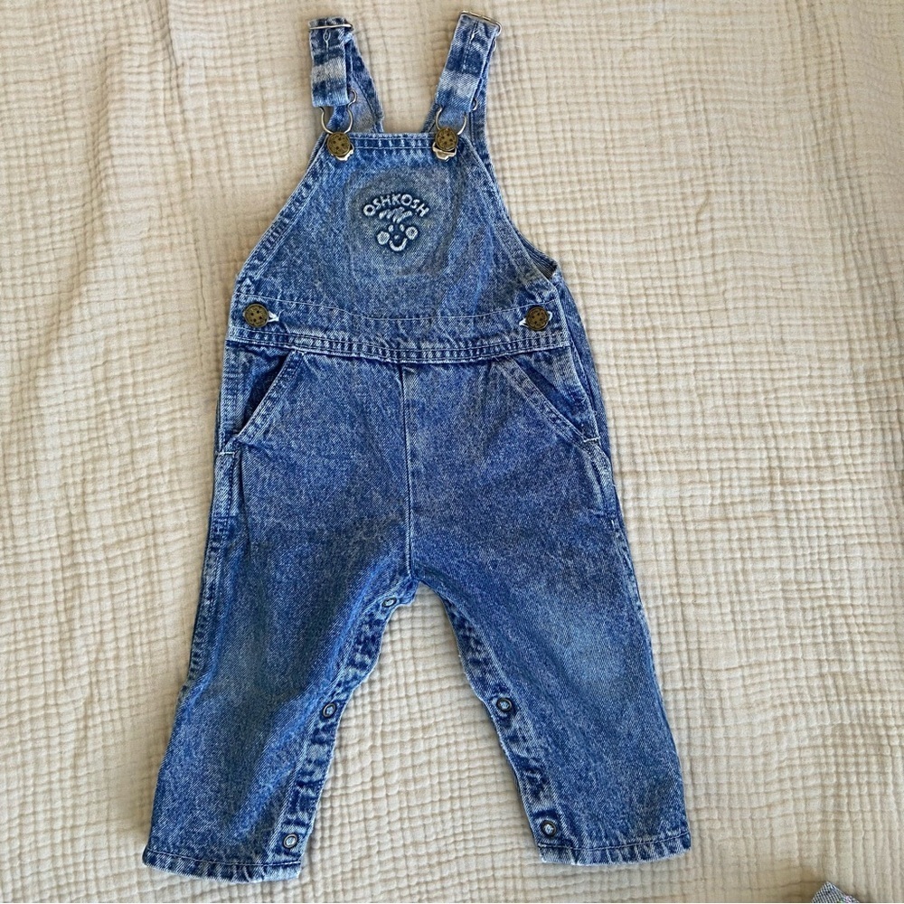 Vtg 80s Oshkosh Acid Wash Denim Overalls Size 18mo Classic Retro Country Blue